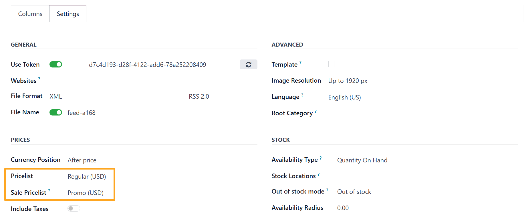 Odoo 18.0 Snapchat Product Data Feed Settings Prices Pricelists